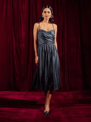 Metallic Blue Draped Bustier Midi Dress