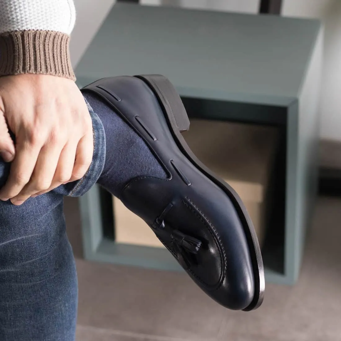 Mocassin à glands en cuir bleu marine
