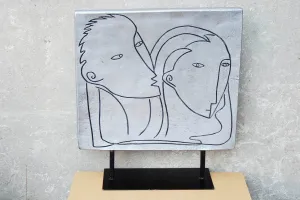 Modern Picasso-like Grey Flat Ceramic Table Sculpture of Man & Woman