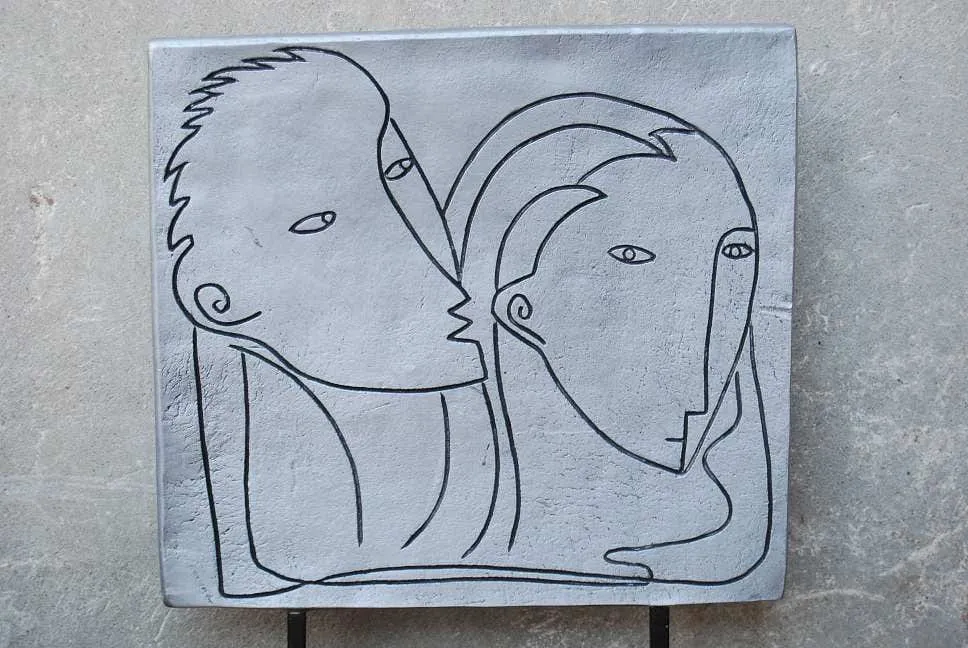 Modern Picasso-like Grey Flat Ceramic Table Sculpture of Man & Woman