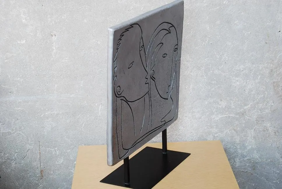 Modern Picasso-like Grey Flat Ceramic Table Sculpture of Man & Woman