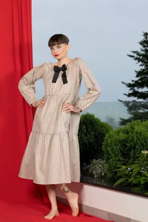 Modest Maxi Dress, Polka Dot Dress with Bishop Sleeves, Retro Style Dress with Loose Fit, Ruffle Dress, Beige Dress with Black Ribbon