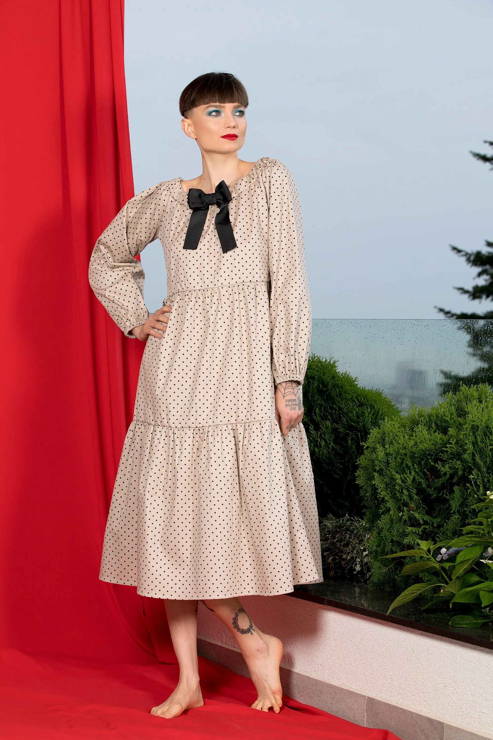 Modest Maxi Dress, Polka Dot Dress with Bishop Sleeves, Retro Style Dress with Loose Fit, Ruffle Dress, Beige Dress with Black Ribbon