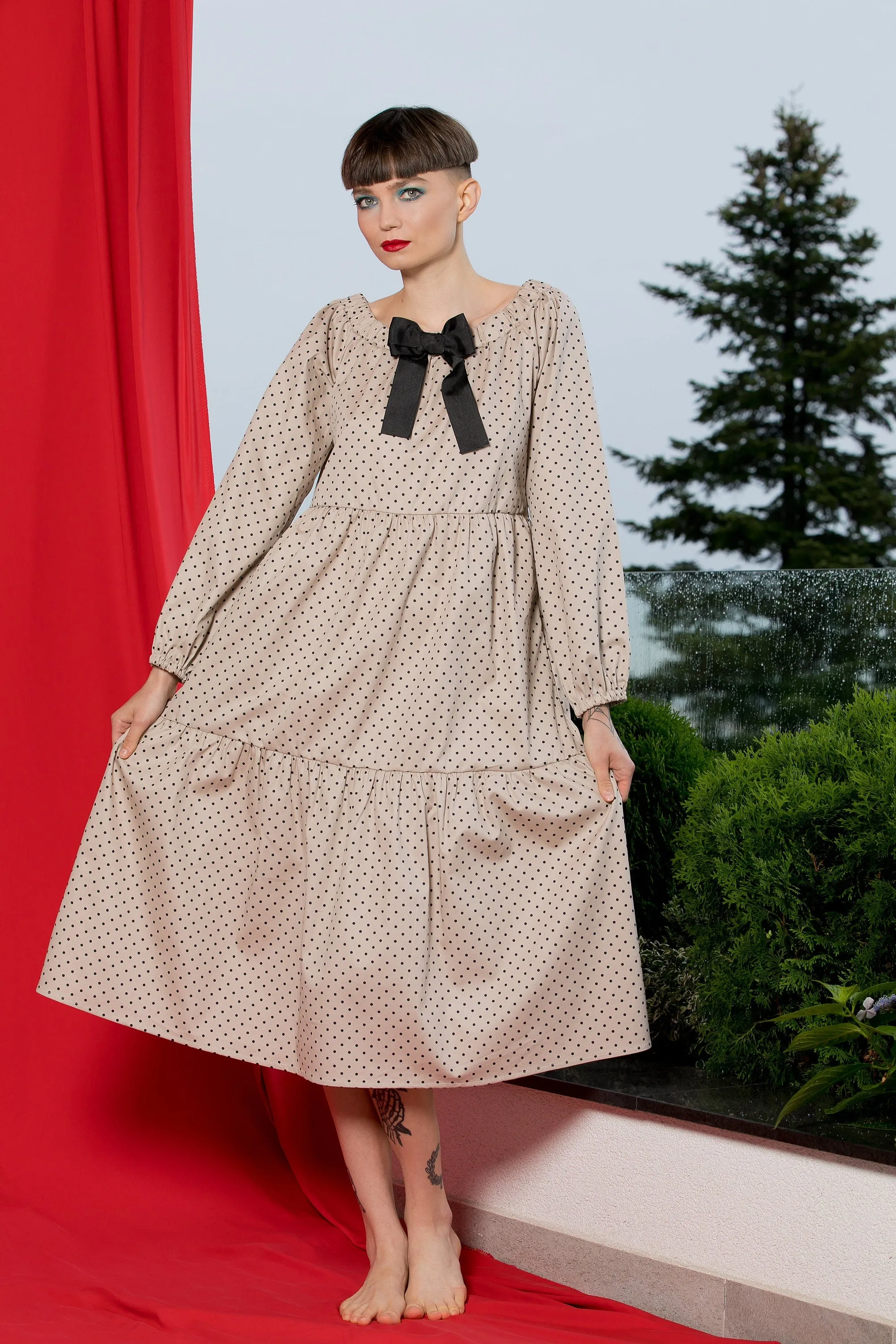 Modest Maxi Dress, Polka Dot Dress with Bishop Sleeves, Retro Style Dress with Loose Fit, Ruffle Dress, Beige Dress with Black Ribbon
