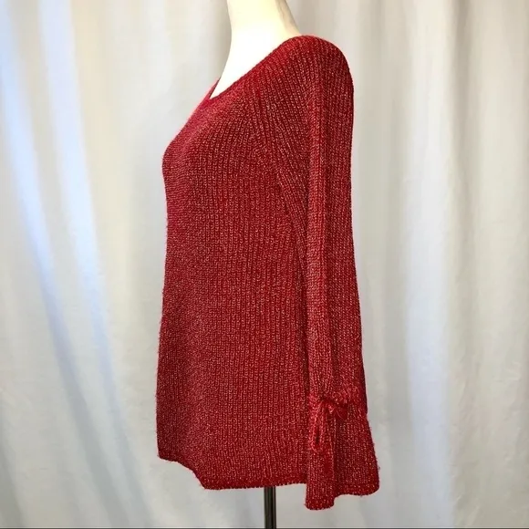 Moth (Anthropologie) tie sleeve sweater cranberry red gold metallic thread S