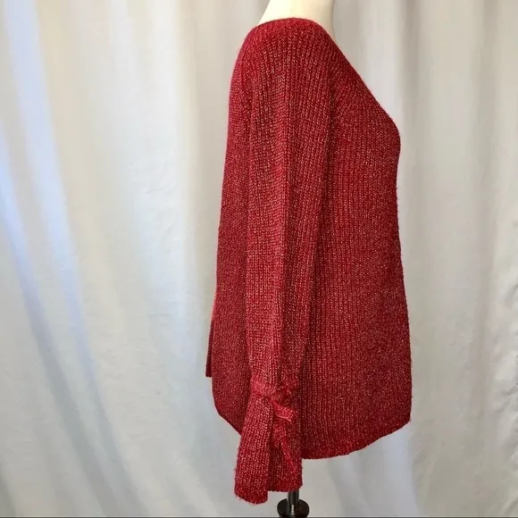 Moth (Anthropologie) tie sleeve sweater cranberry red gold metallic thread S