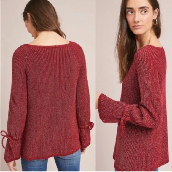 Moth (Anthropologie) tie sleeve sweater cranberry red gold metallic thread S