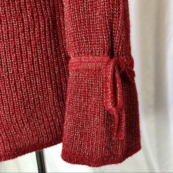 Moth (Anthropologie) tie sleeve sweater cranberry red gold metallic thread S
