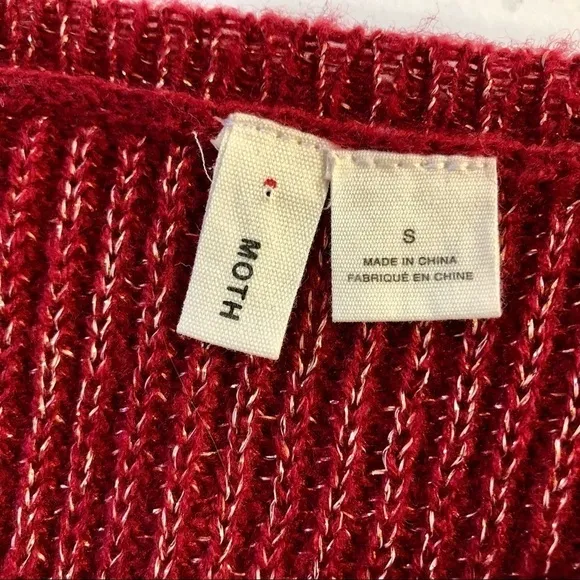 Moth (Anthropologie) tie sleeve sweater cranberry red gold metallic thread S