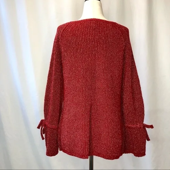 Moth (Anthropologie) tie sleeve sweater cranberry red gold metallic thread S