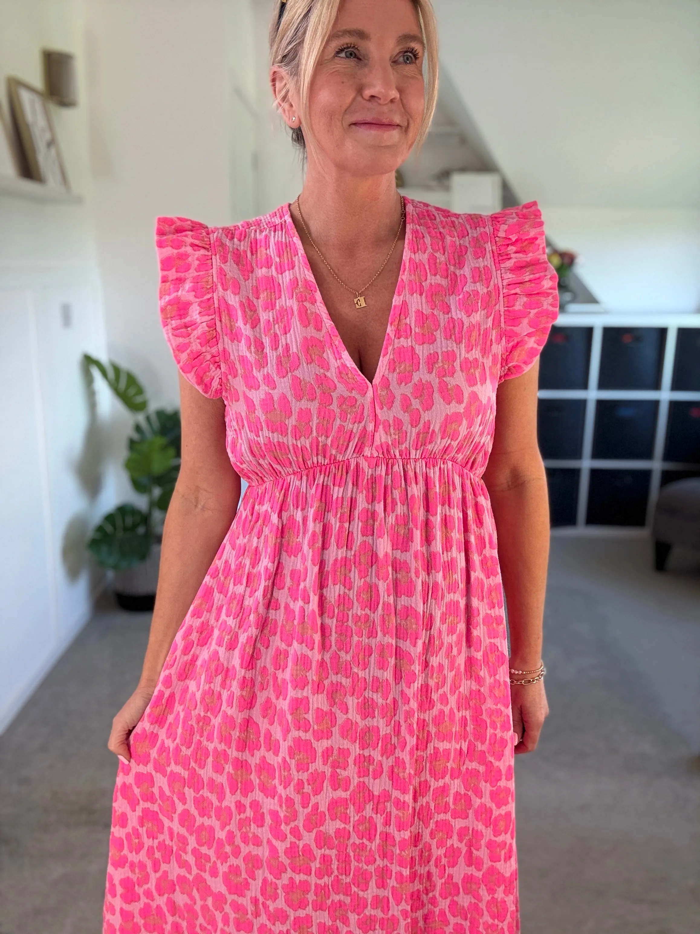 Neon Orange Leopard Frill Sleeve V Neck Dress