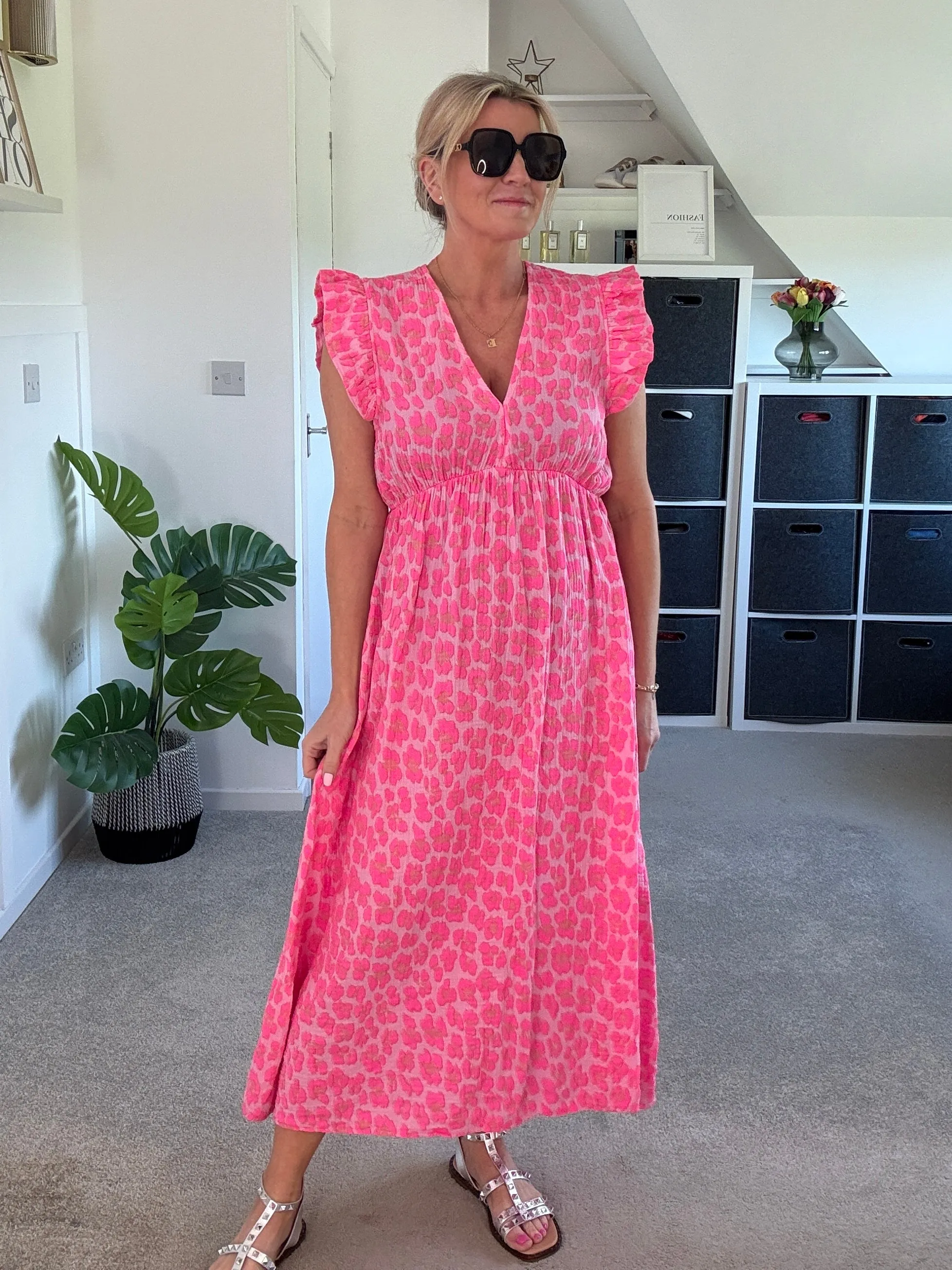 Neon Orange Leopard Frill Sleeve V Neck Dress