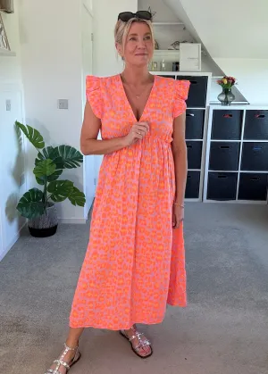 Neon Orange Leopard Frill Sleeve V Neck Dress