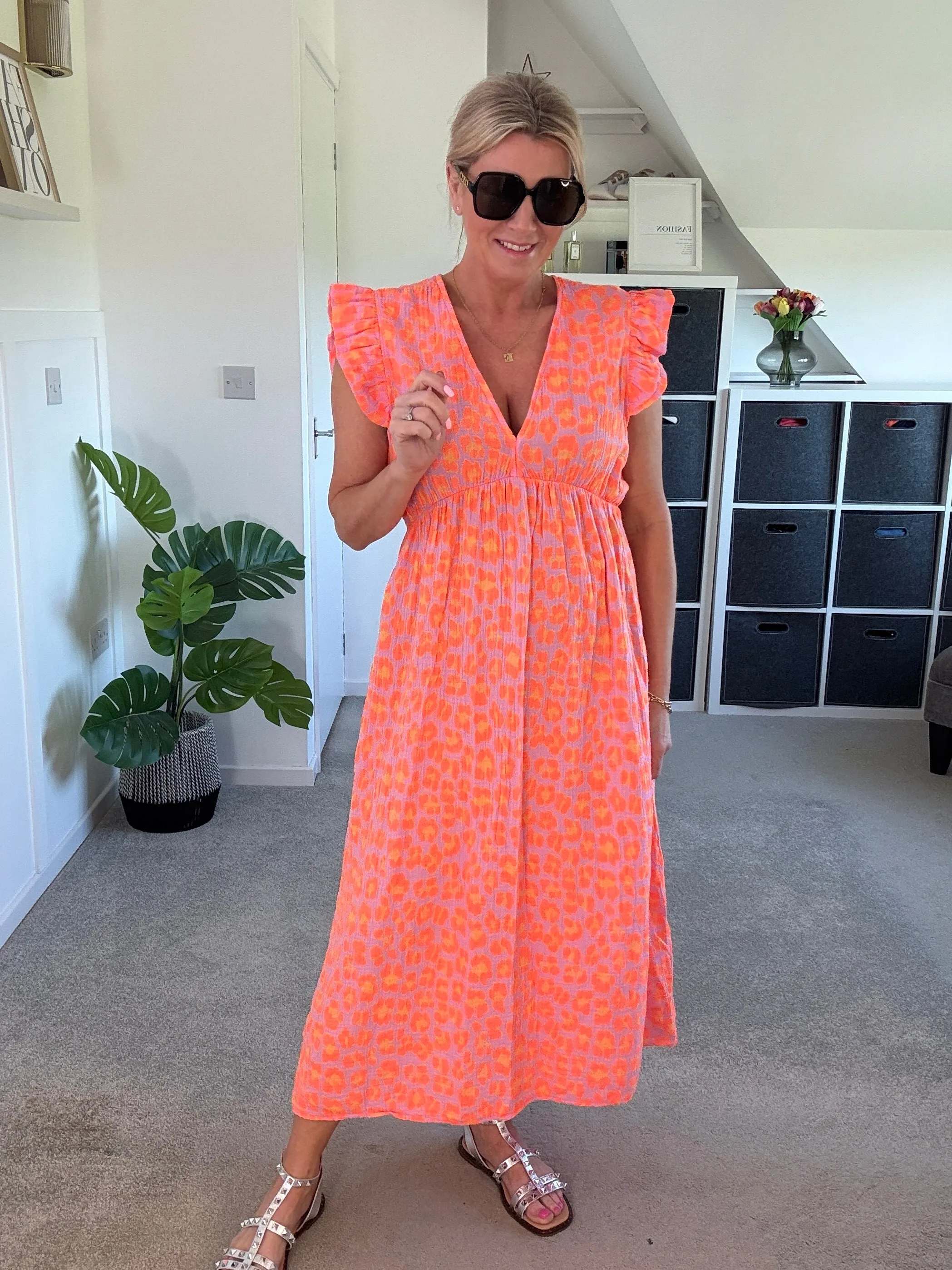 Neon Orange Leopard Frill Sleeve V Neck Dress