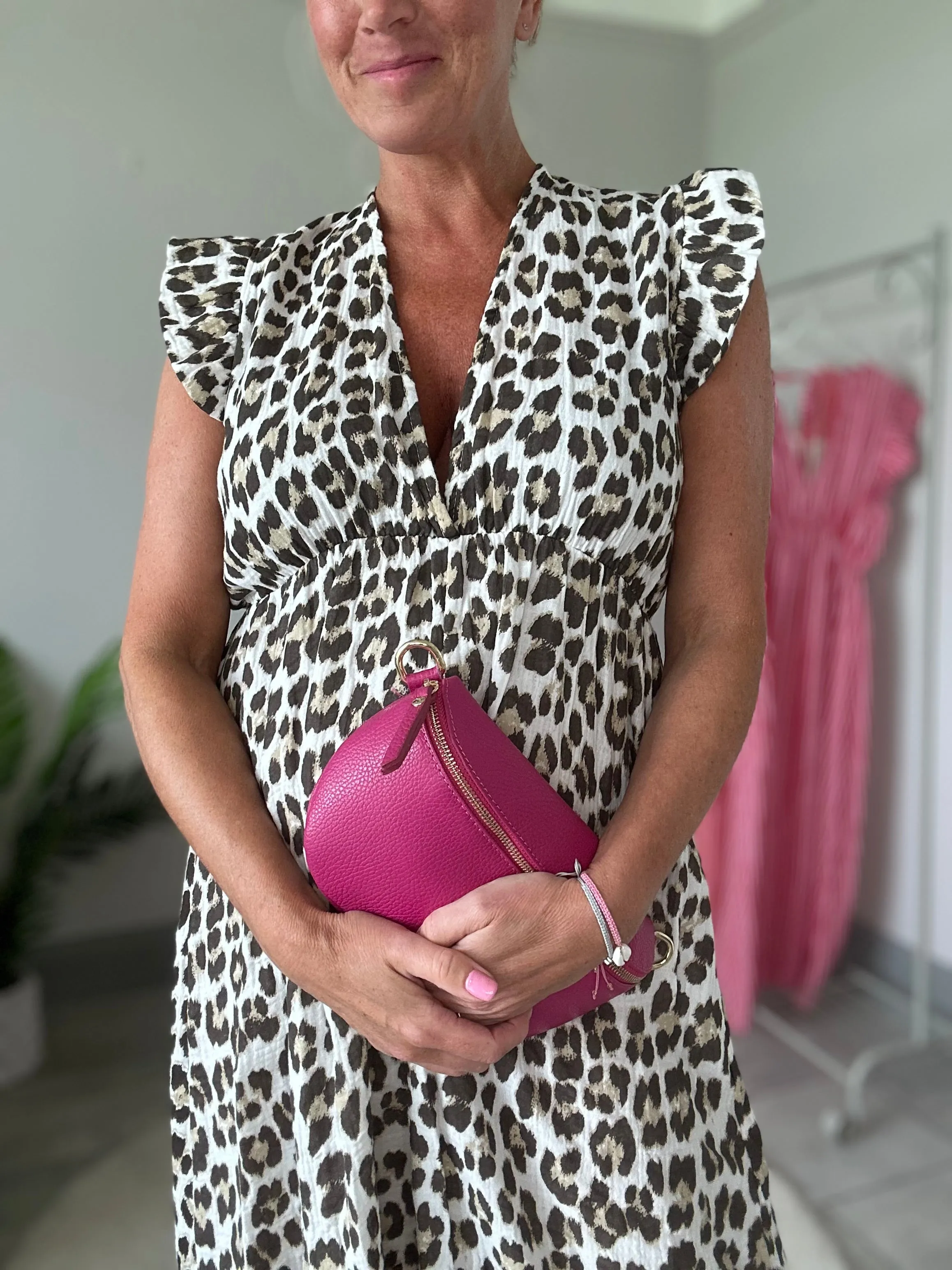 Neon Orange Leopard Frill Sleeve V Neck Dress