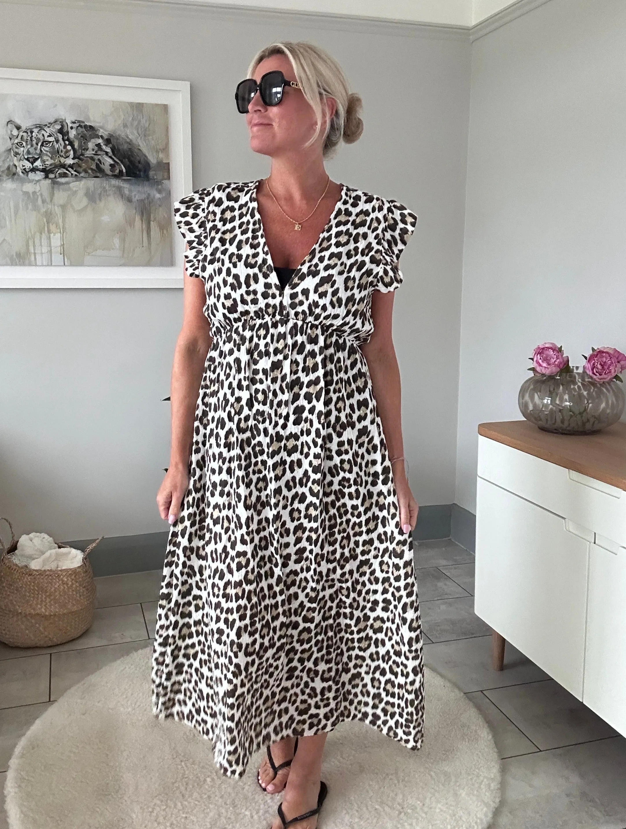 Neon Orange Leopard Frill Sleeve V Neck Dress