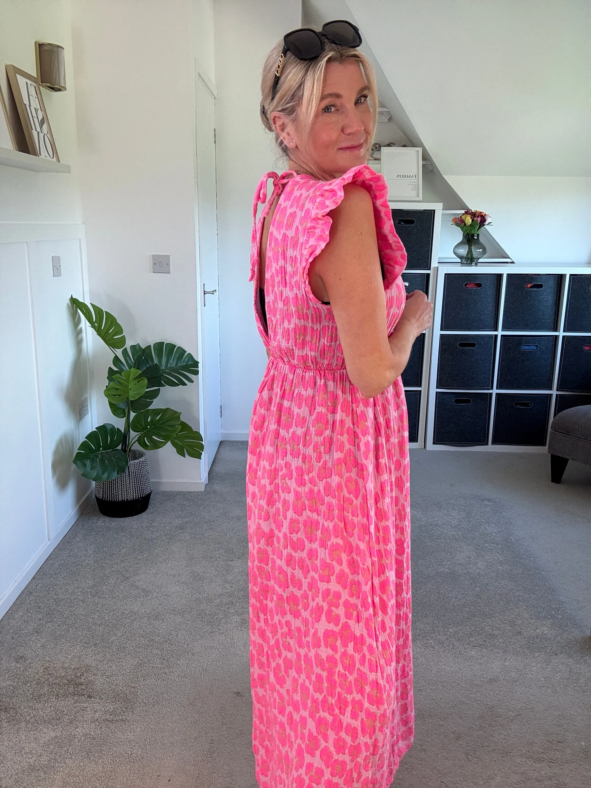 Neon Orange Leopard Frill Sleeve V Neck Dress