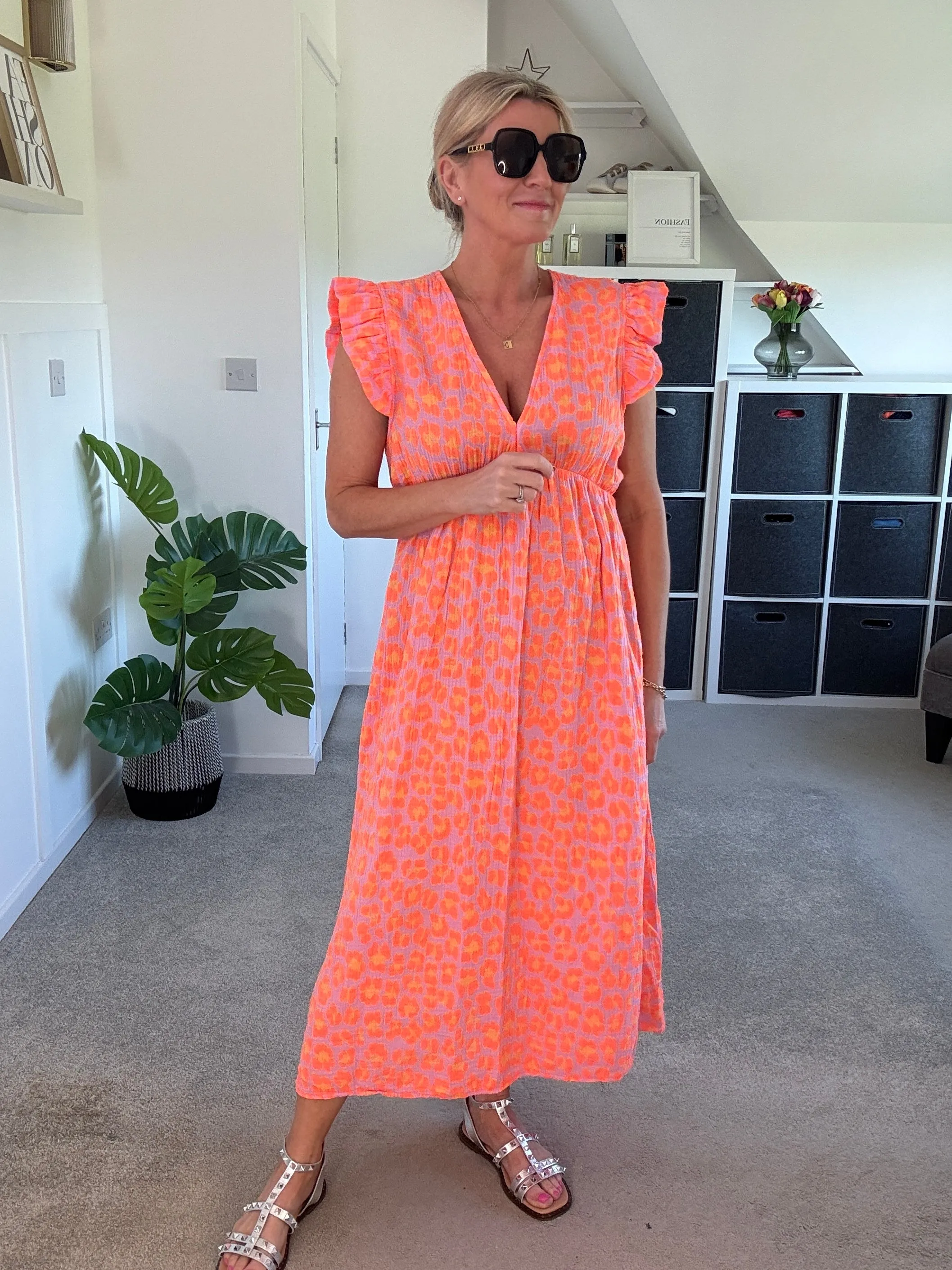 Neon Orange Leopard Frill Sleeve V Neck Dress
