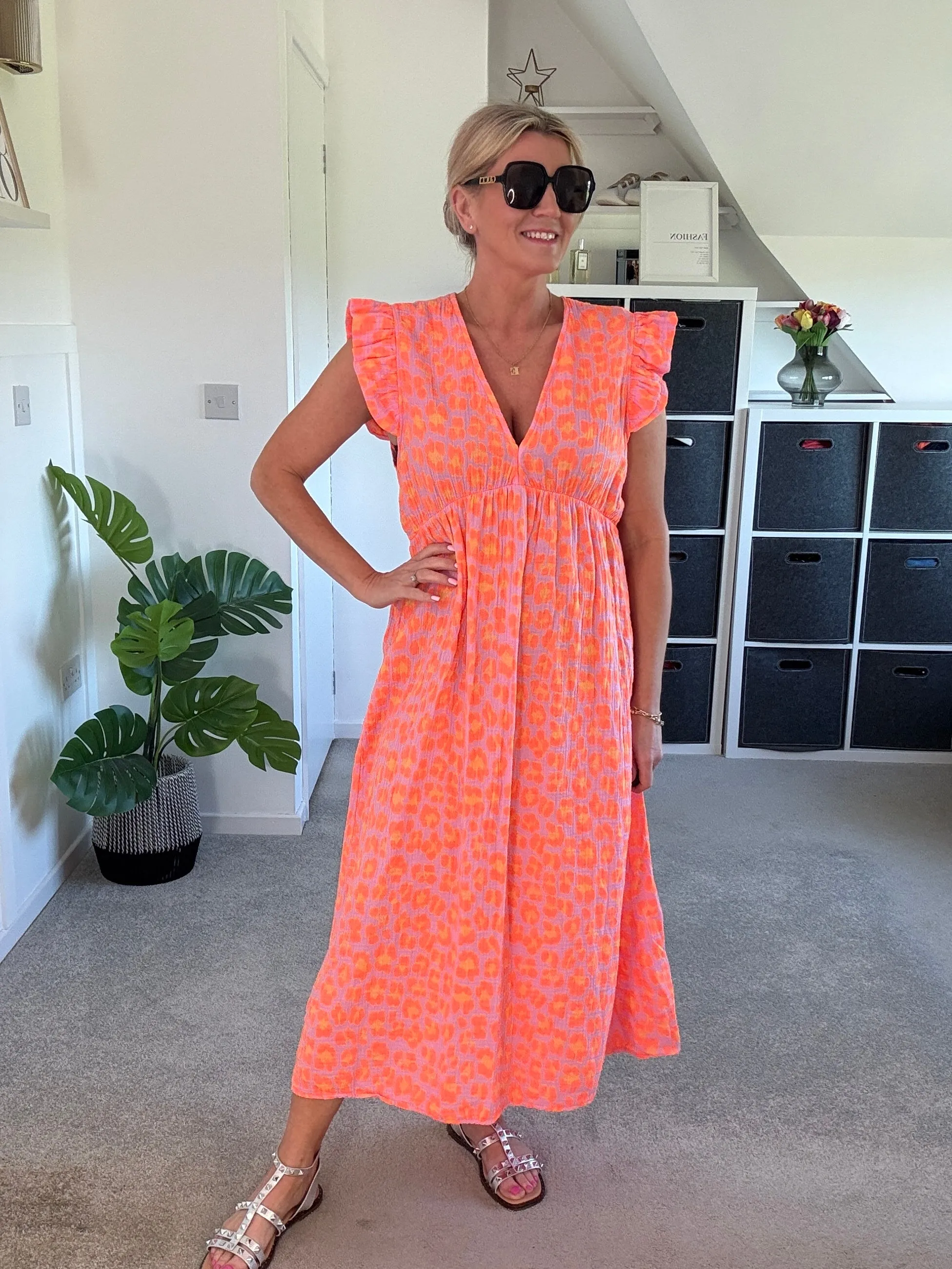 Neon Orange Leopard Frill Sleeve V Neck Dress