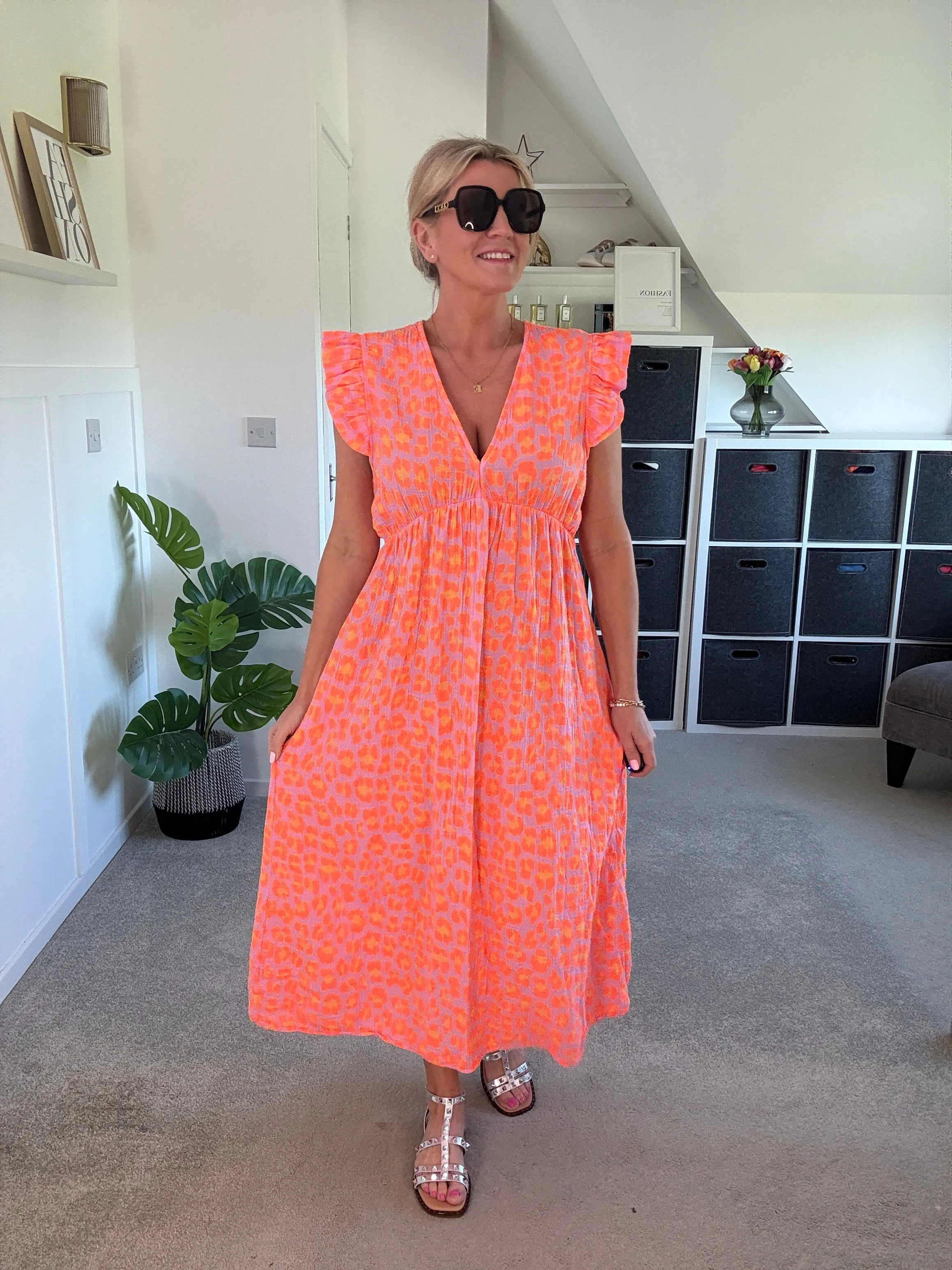 Neon Orange Leopard Frill Sleeve V Neck Dress