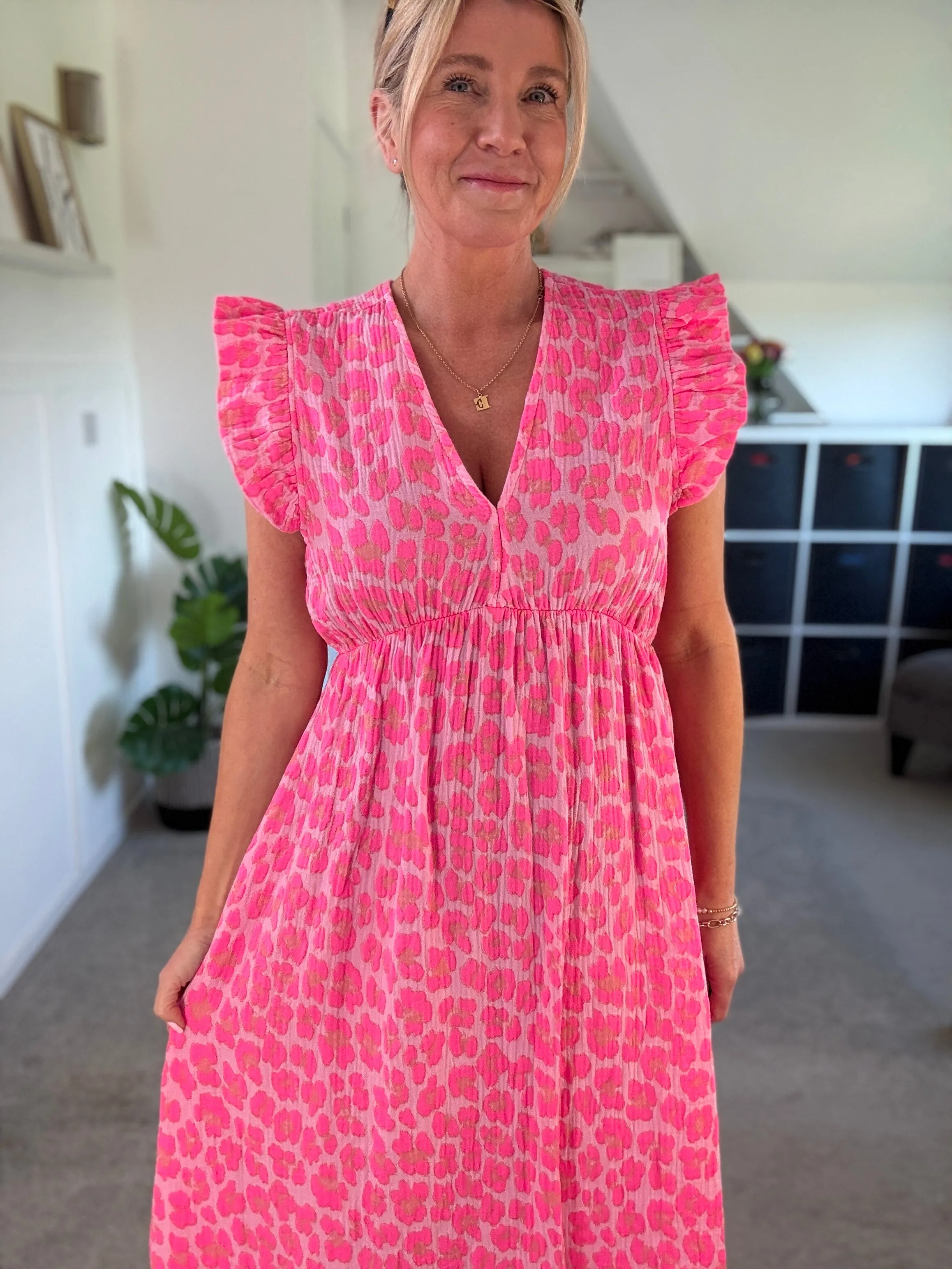 Neon Orange Leopard Frill Sleeve V Neck Dress