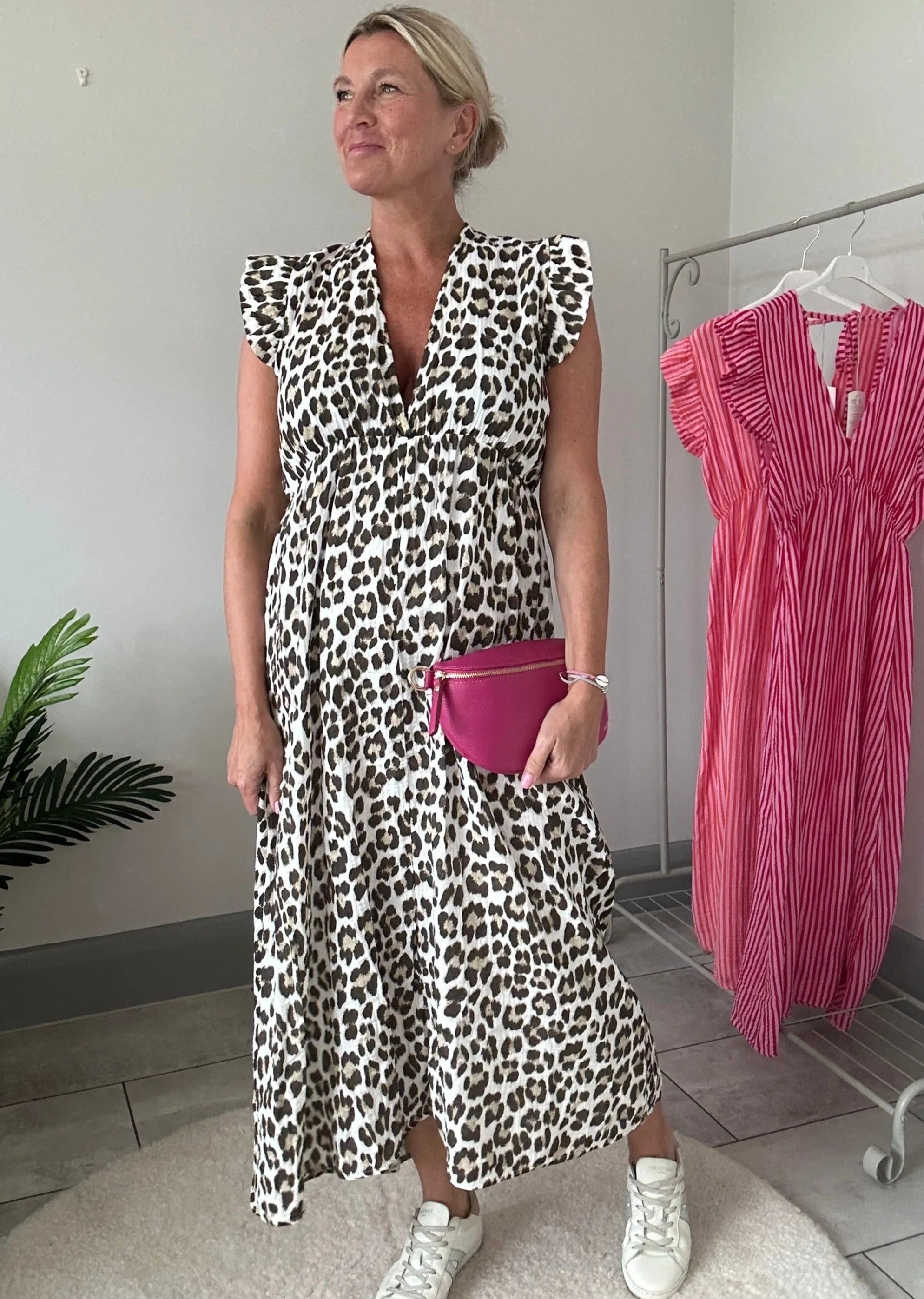 Neon Orange Leopard Frill Sleeve V Neck Dress