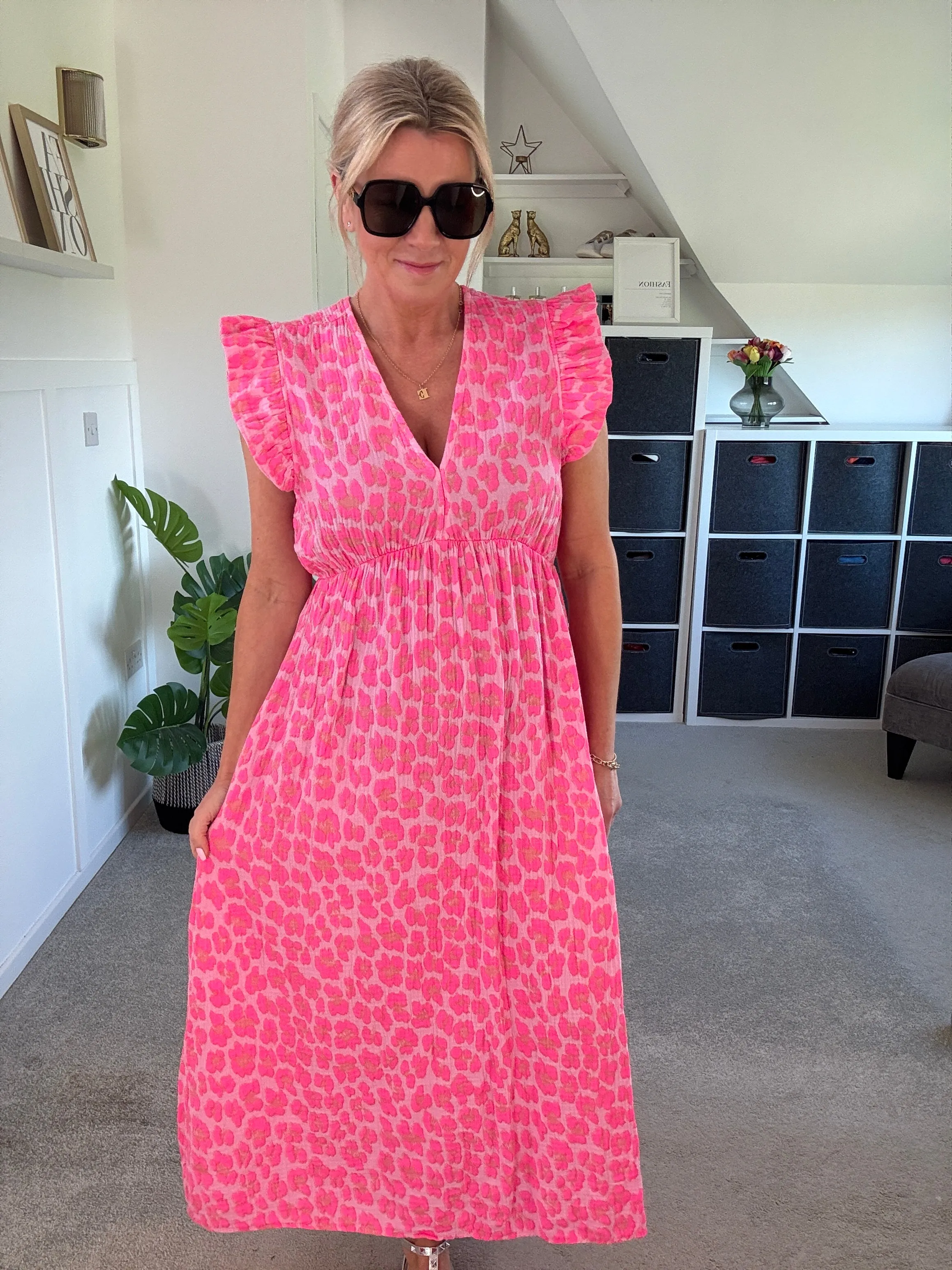Neon Orange Leopard Frill Sleeve V Neck Dress