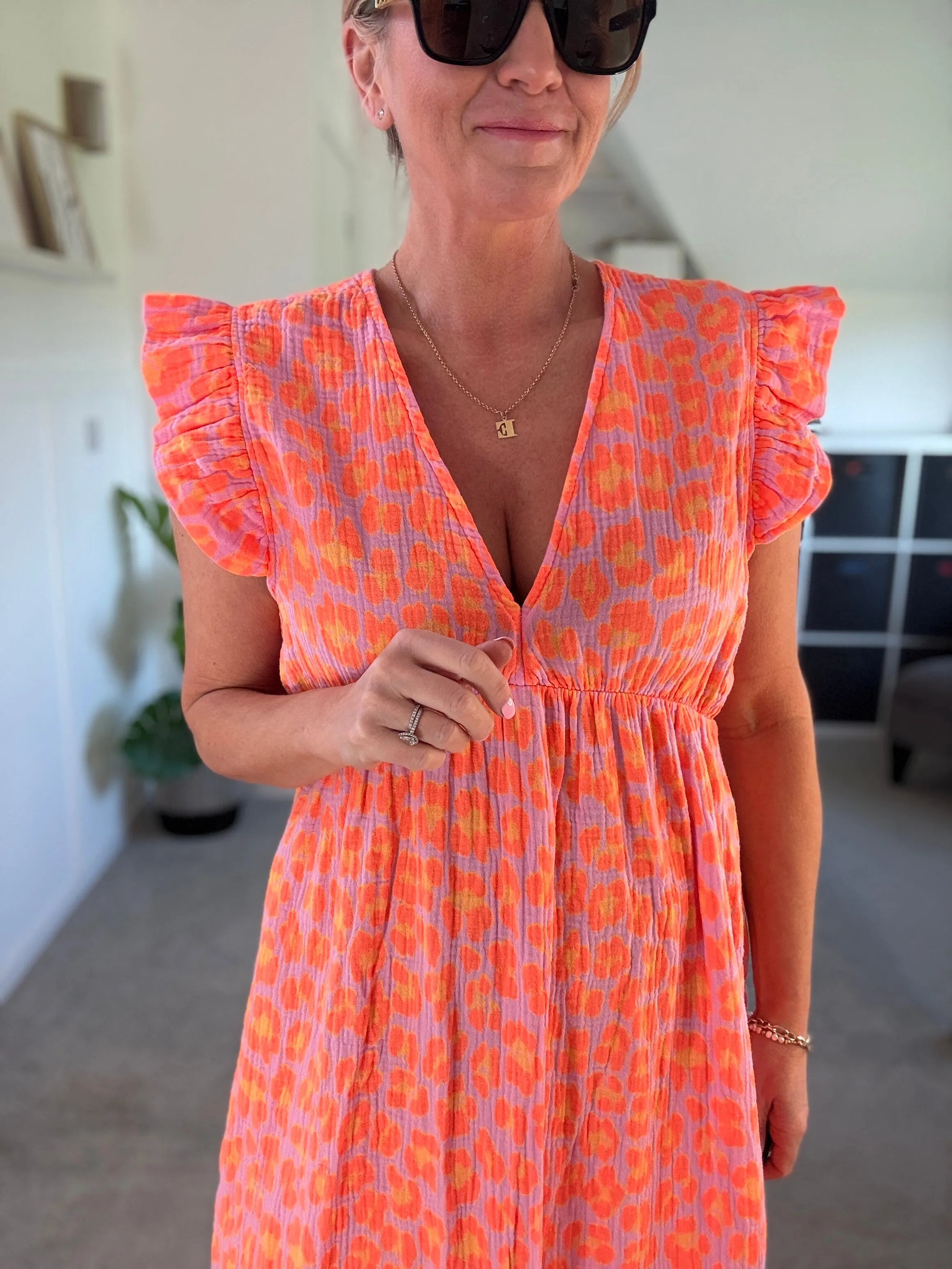 Neon Orange Leopard Frill Sleeve V Neck Dress