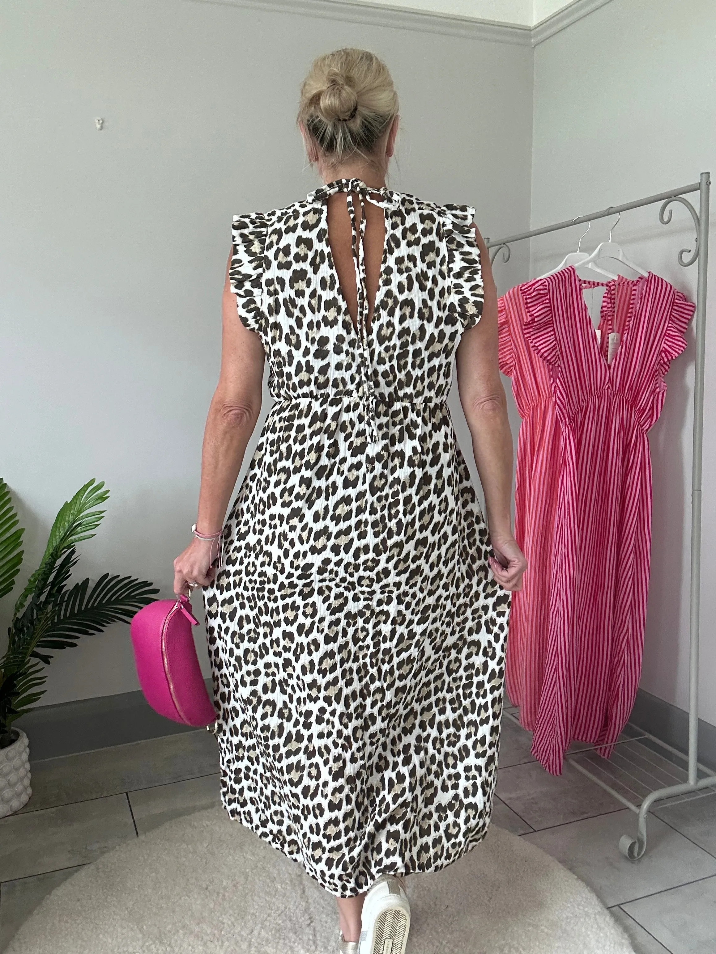Neon Orange Leopard Frill Sleeve V Neck Dress