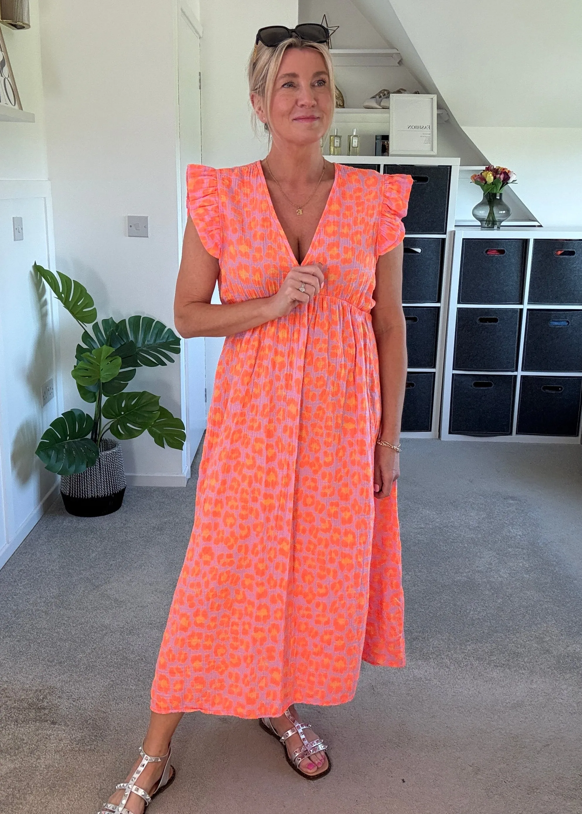 Neon Orange Leopard Frill Sleeve V Neck Dress
