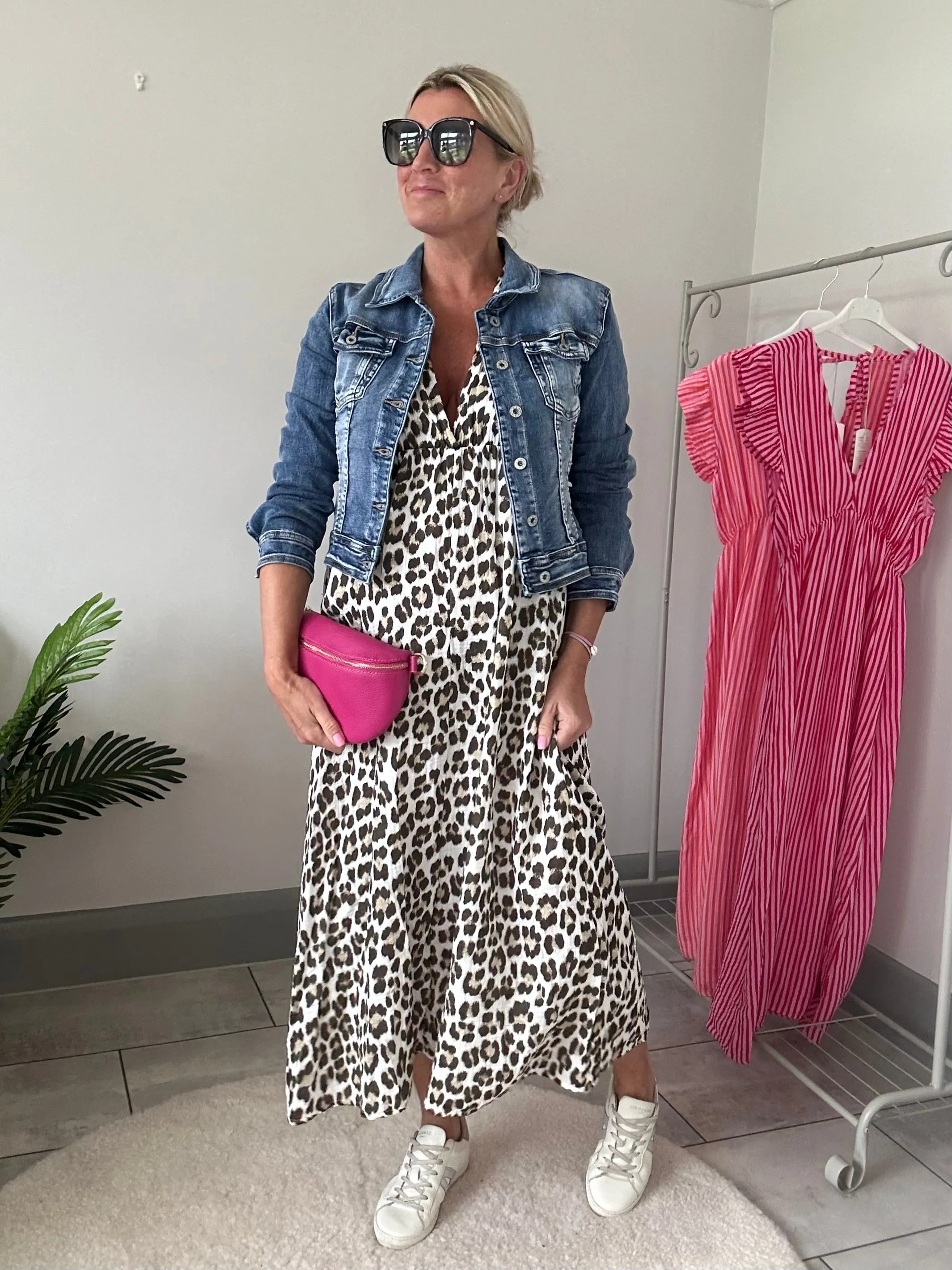 Neon Orange Leopard Frill Sleeve V Neck Dress