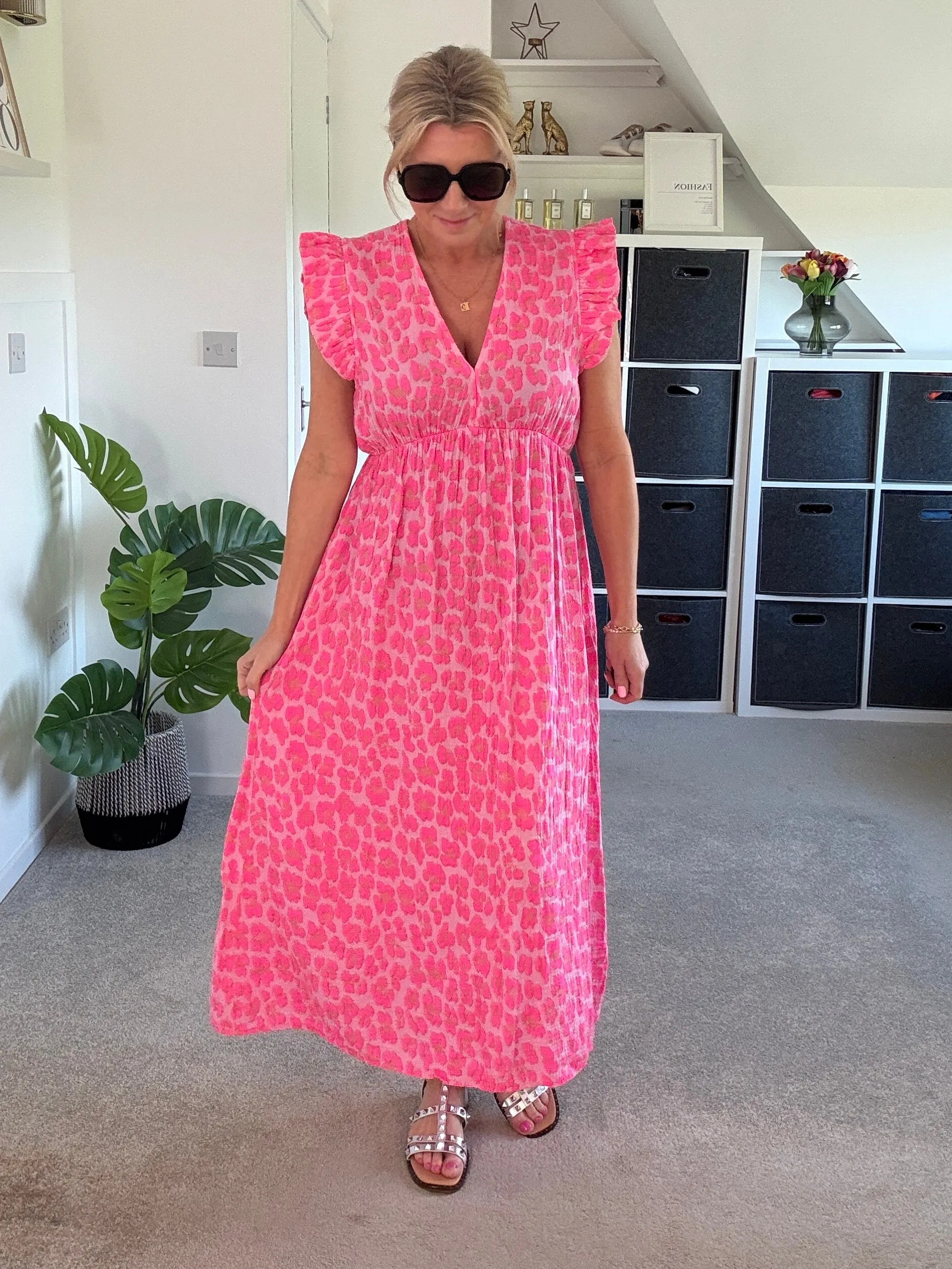 Neon Orange Leopard Frill Sleeve V Neck Dress