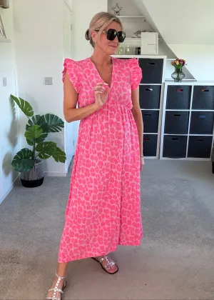 Neon Pink Leopard Frill Sleeve V Neck Dress