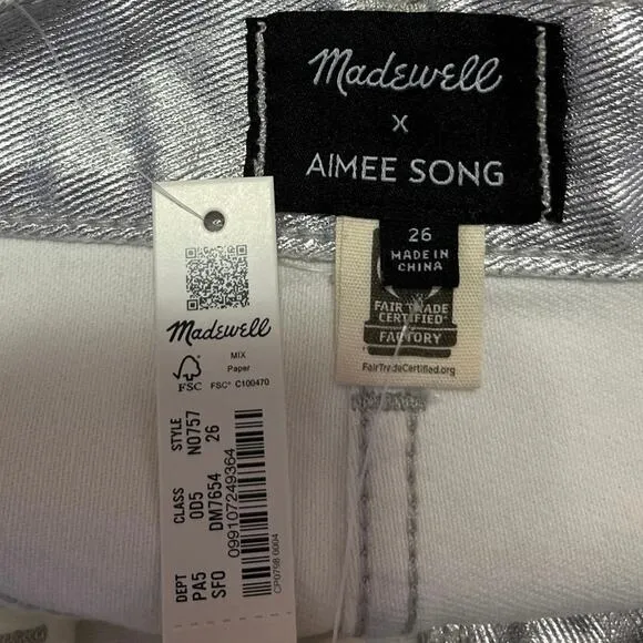 NEW Madewell x Aimee Song Women's Silver Metallic Denim Jean Mini Skirt Size 26