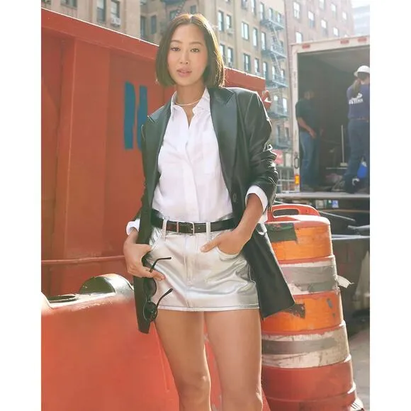 NEW Madewell x Aimee Song Women's Silver Metallic Denim Jean Mini Skirt Size 26
