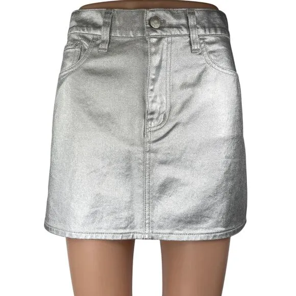 NEW Madewell x Aimee Song Women's Silver Metallic Denim Jean Mini Skirt Size 26