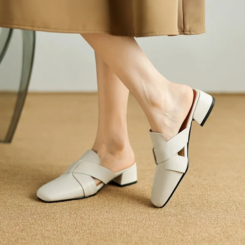 NEW Summer Women Mules Genuine Leather Shoes for Women Cover Toe Chunky Heel Slippers Concise Square Toe Handmade Modern Sandals