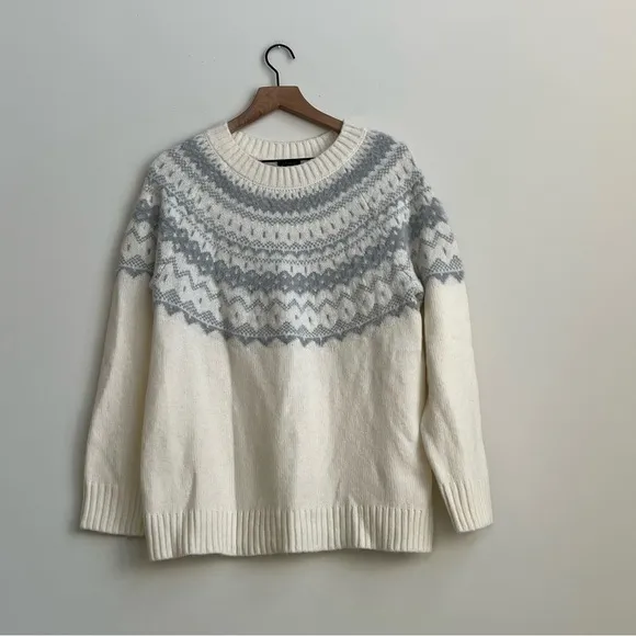 New Talbots JACQUARD CREWNECK SWEATER FAIR ISLE Large Ivory Gray Wool Nordic