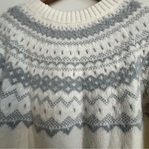 New Talbots JACQUARD CREWNECK SWEATER FAIR ISLE Large Ivory Gray Wool Nordic