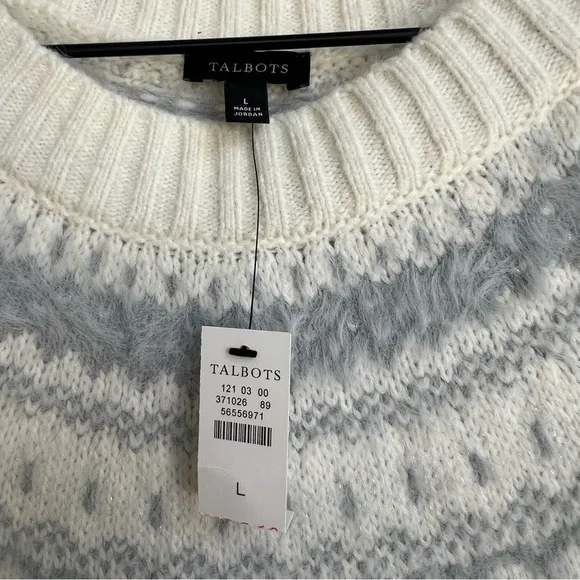 New Talbots JACQUARD CREWNECK SWEATER FAIR ISLE Large Ivory Gray Wool Nordic