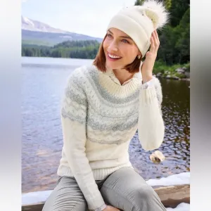 New Talbots JACQUARD CREWNECK SWEATER FAIR ISLE Large Ivory Gray Wool Nordic