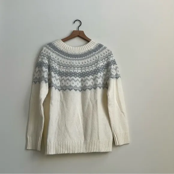New Talbots JACQUARD CREWNECK SWEATER FAIR ISLE Large Ivory Gray Wool Nordic