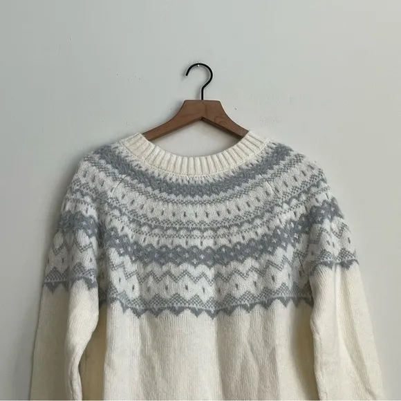 New Talbots JACQUARD CREWNECK SWEATER FAIR ISLE Large Ivory Gray Wool Nordic