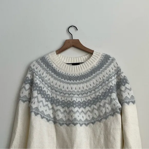 New Talbots JACQUARD CREWNECK SWEATER FAIR ISLE Large Ivory Gray Wool Nordic