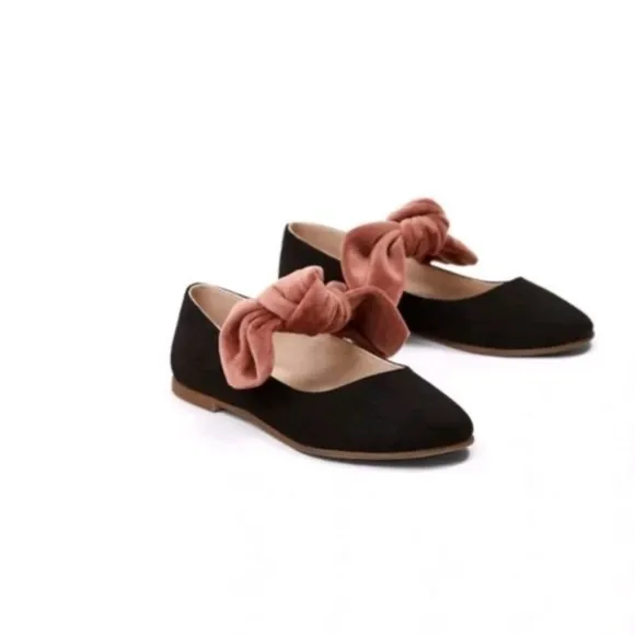 New Zara Girls Black Velvet Ballerina Flats w/ Bow