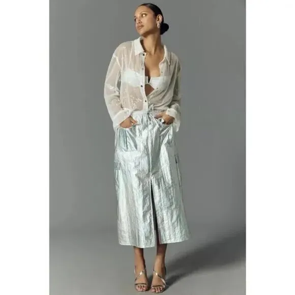 NWT By Anthropologie Metallic Shine Cargo Midi Skirt medium silver