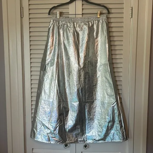 NWT By Anthropologie Metallic Shine Cargo Midi Skirt medium silver