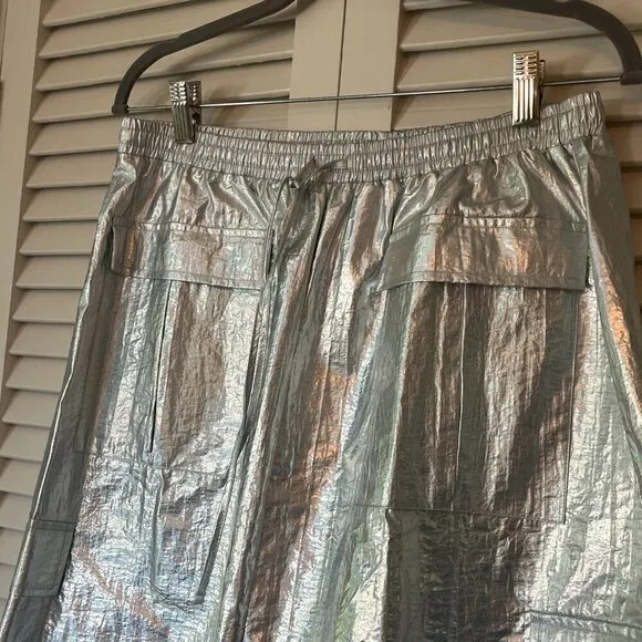 NWT By Anthropologie Metallic Shine Cargo Midi Skirt medium silver