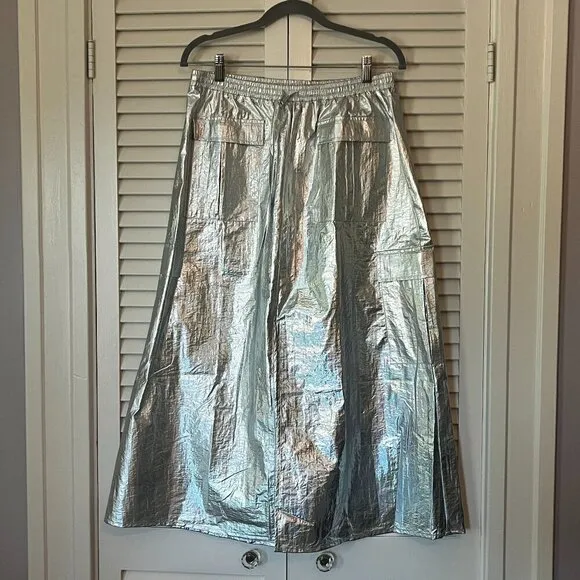 NWT By Anthropologie Metallic Shine Cargo Midi Skirt medium silver