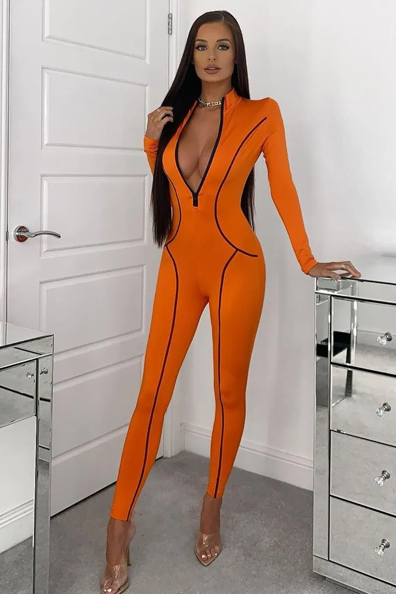 Orange Seam Detail Zip Front Jumpsuit - Liana